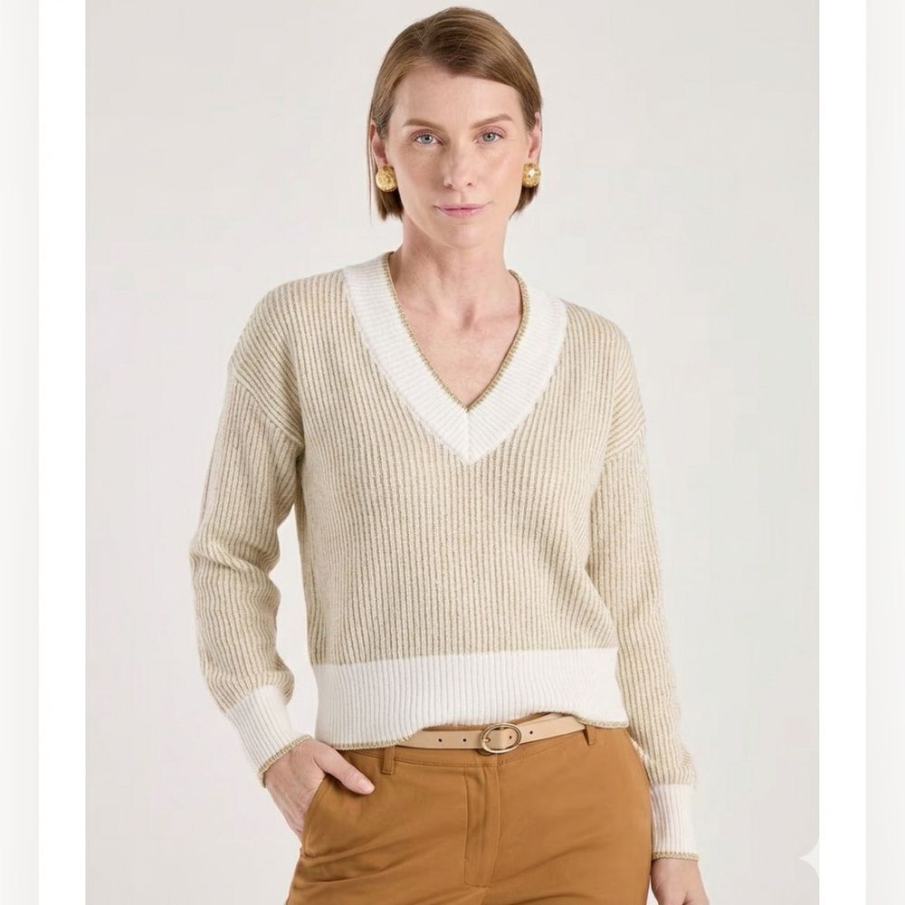Nine West V-Neck White Shine Gold Pullover Sweater Ribbed Holiday Christmas - S